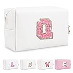 Small Initial Patch Makeup Bag Personalized Gifts Make Up Bag,White Cute PU Leather Glitter Letter Cosmetic Bag with Zipper,Trendy Portable Travel Toiletry Pouch,Preppy Stuff for Teen Girls Women Q