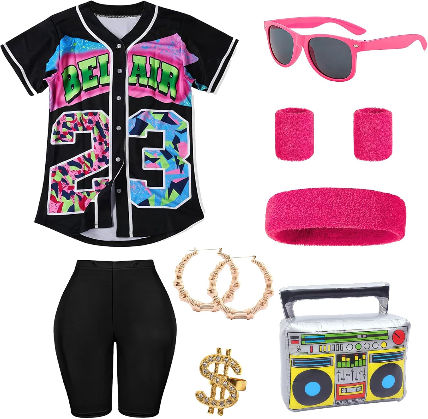 80s 90s Outfit for Women Hip Hop Costume Set Baseball Jersey T Shirt Yoga Pants Rapper Accessories Cosplay Party
