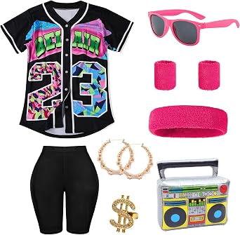 80s 90s Outfit for Women Hip Hop Costume Set Baseball Jersey T Shirt Yoga Pants Rapper Accessories Cosplay Party