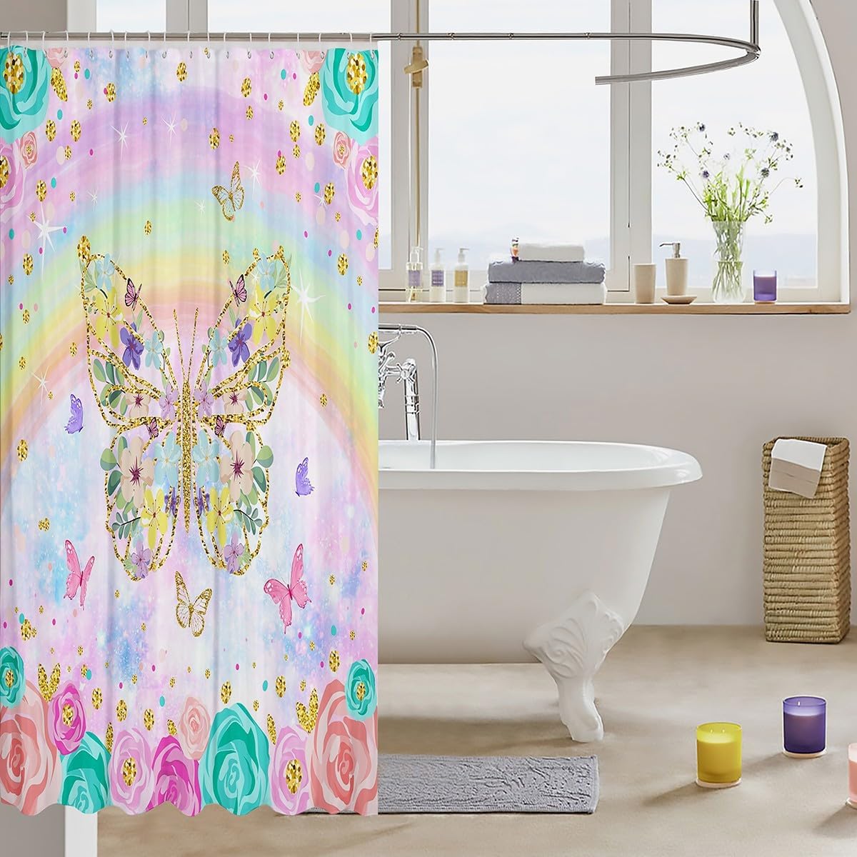 Decorative Butterfly Shower Curtain Waterproof Polyester Fabric,Watercolor Flowers Bath Curtain Home Bathroom Decor Hanging Curtain with Hooks 72 x 78 Inch,Machine Washable