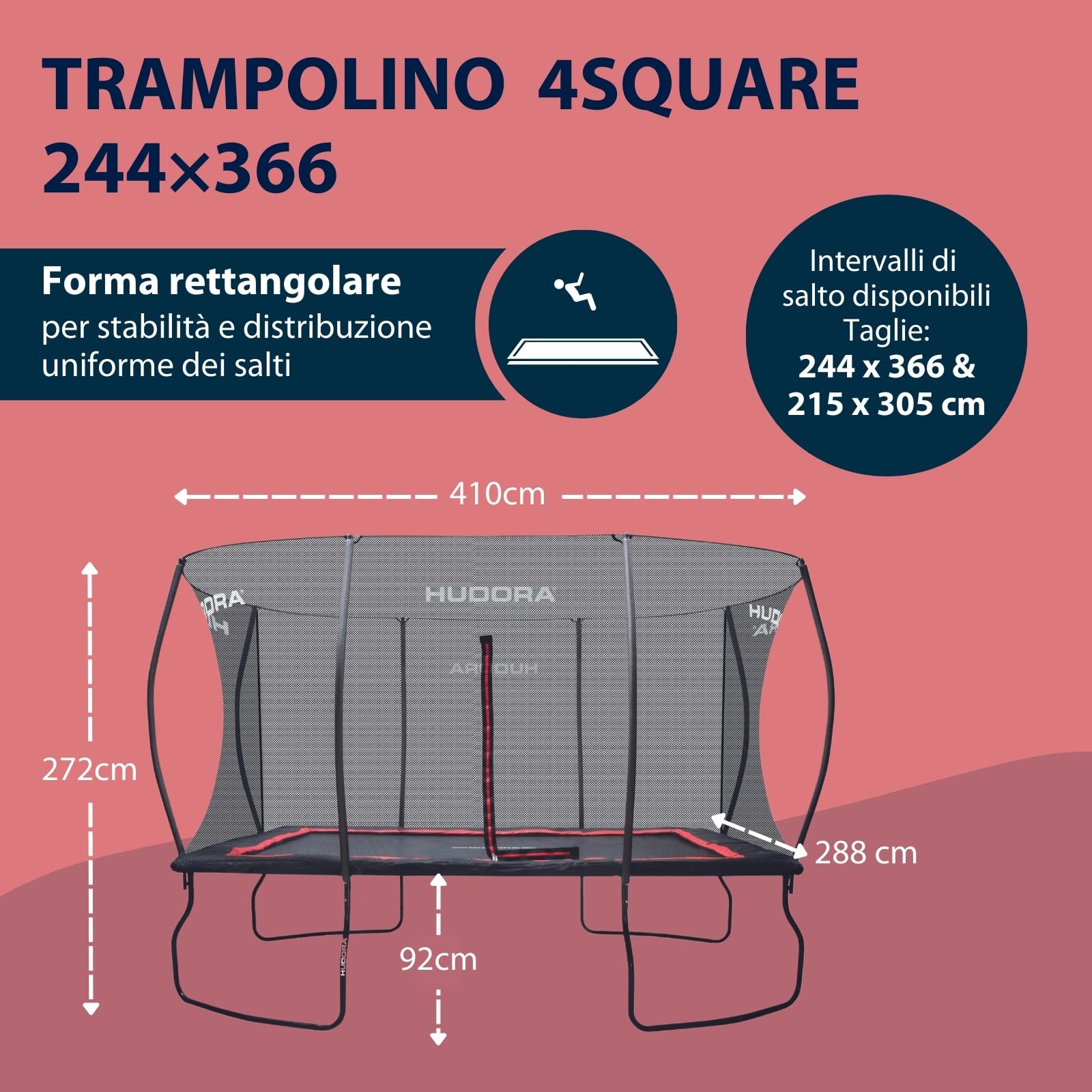 HUDORA Trampolino elastico 4square - trampolino da esterno rettangolare 244x366cm - sportivo per carico fino a 120 kg - tappeto elastico familiare per salti con slanci - di qualità