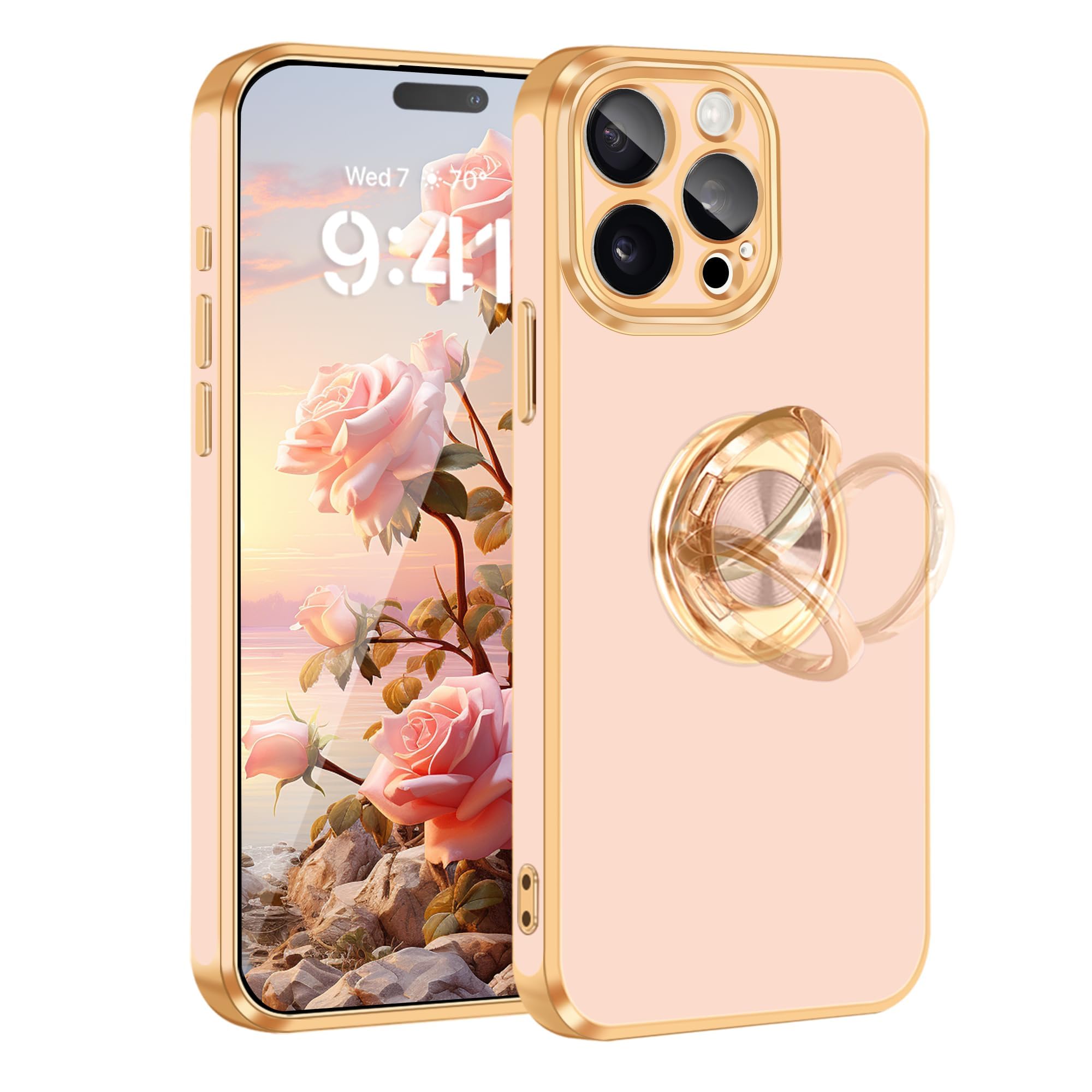 Fingic for iPhone 15 Pro Phone Case[with 360° Ring Holder][Support Magnetic Car Mount] Cute Kickstand Slim for Women Nonslip Soft TPU Rugged Bumper