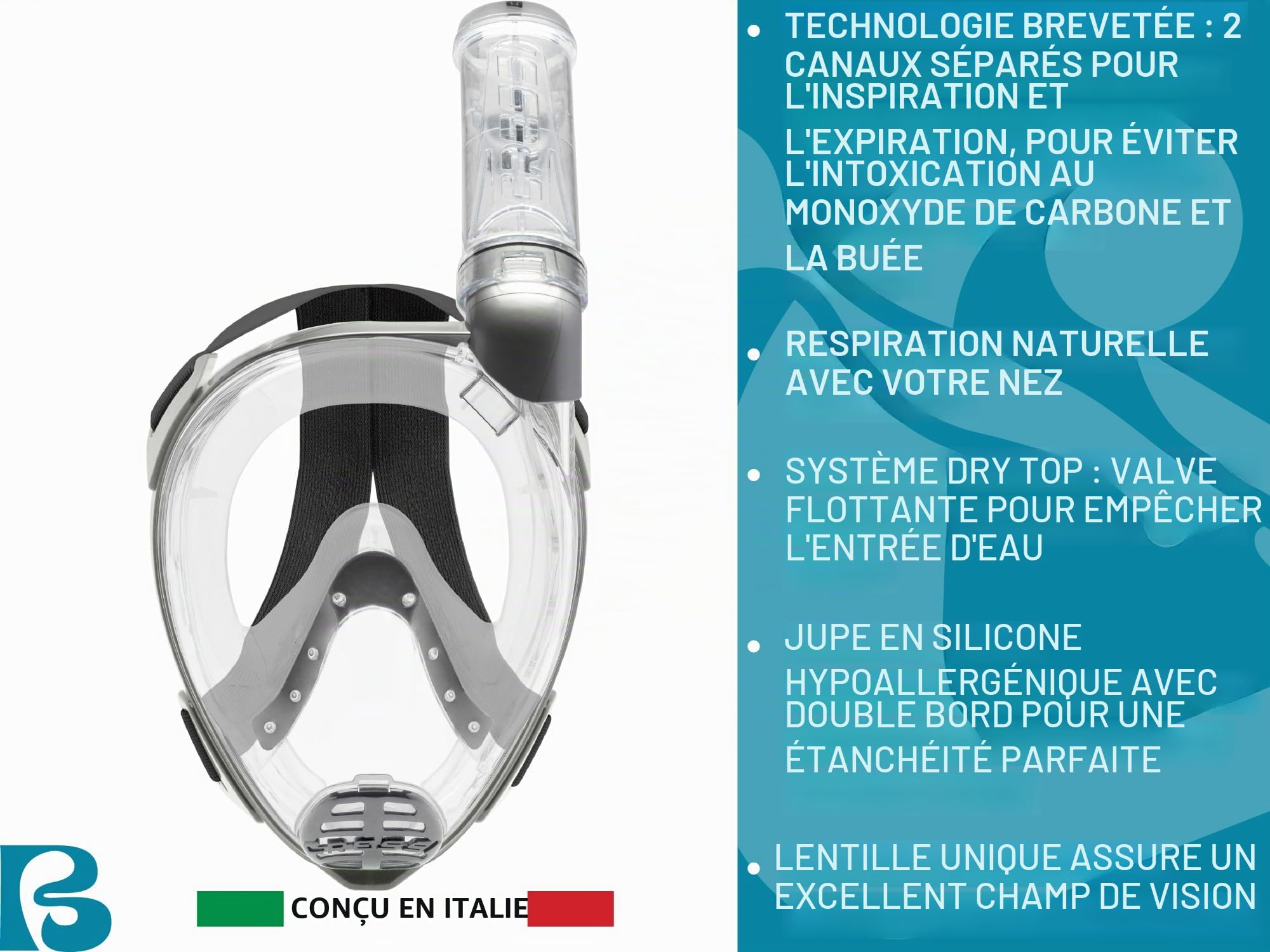 Cressi Baron Full Face Mask - Masque de Snorkeling Intégral Anti Buée avec Valve d'Expiration et Tuba Sec