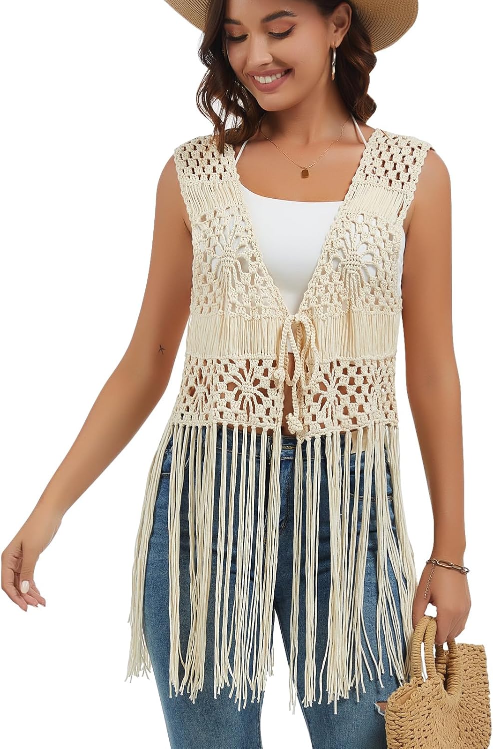 Women's Floral Crochet Hollow Out Sleeveless Fringe Boho Retro-Look Handmade Cardigan Vest Tassels