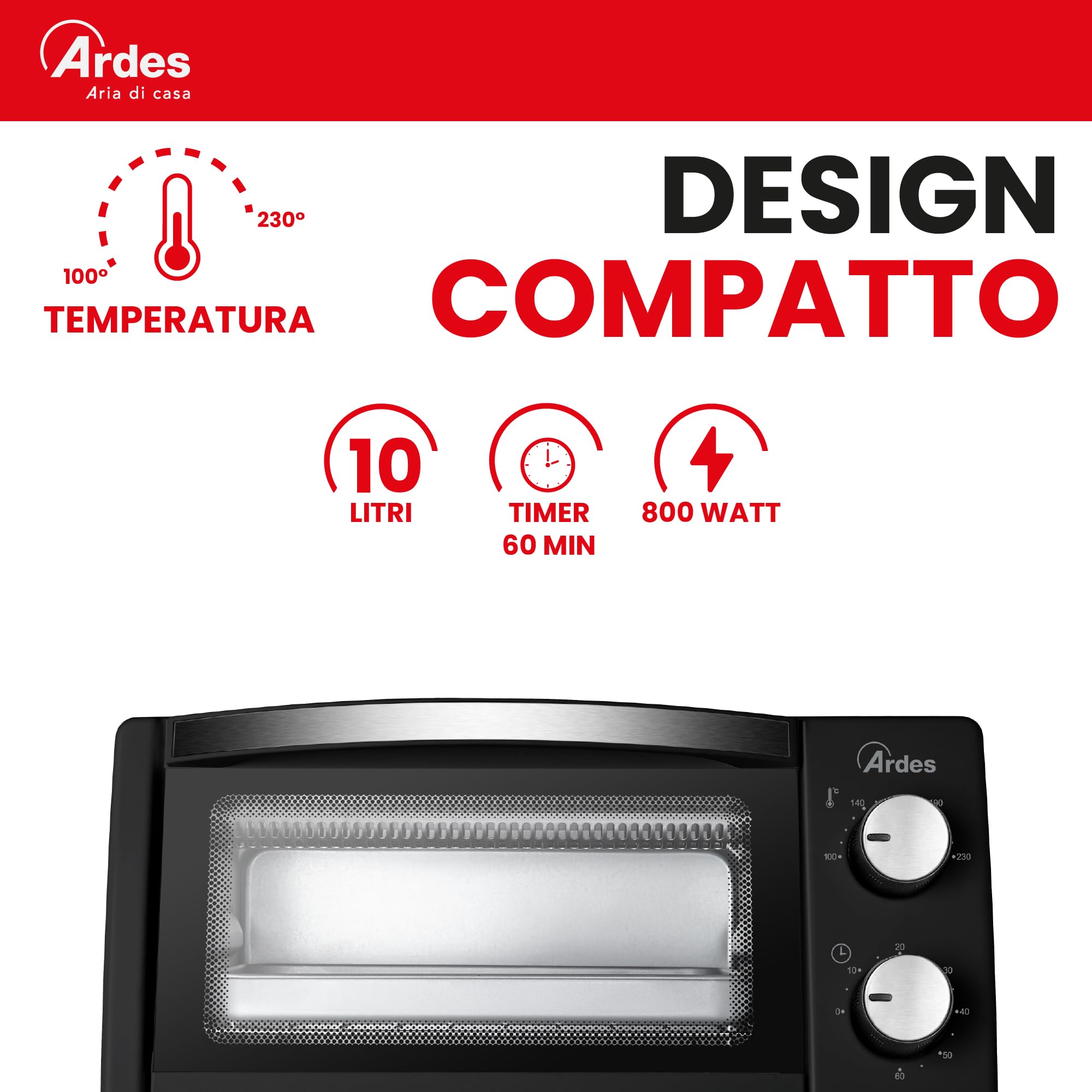 ARDES AR6211B Horno Eléctrico 10 Litros con Doble Vidrio y Temporizador