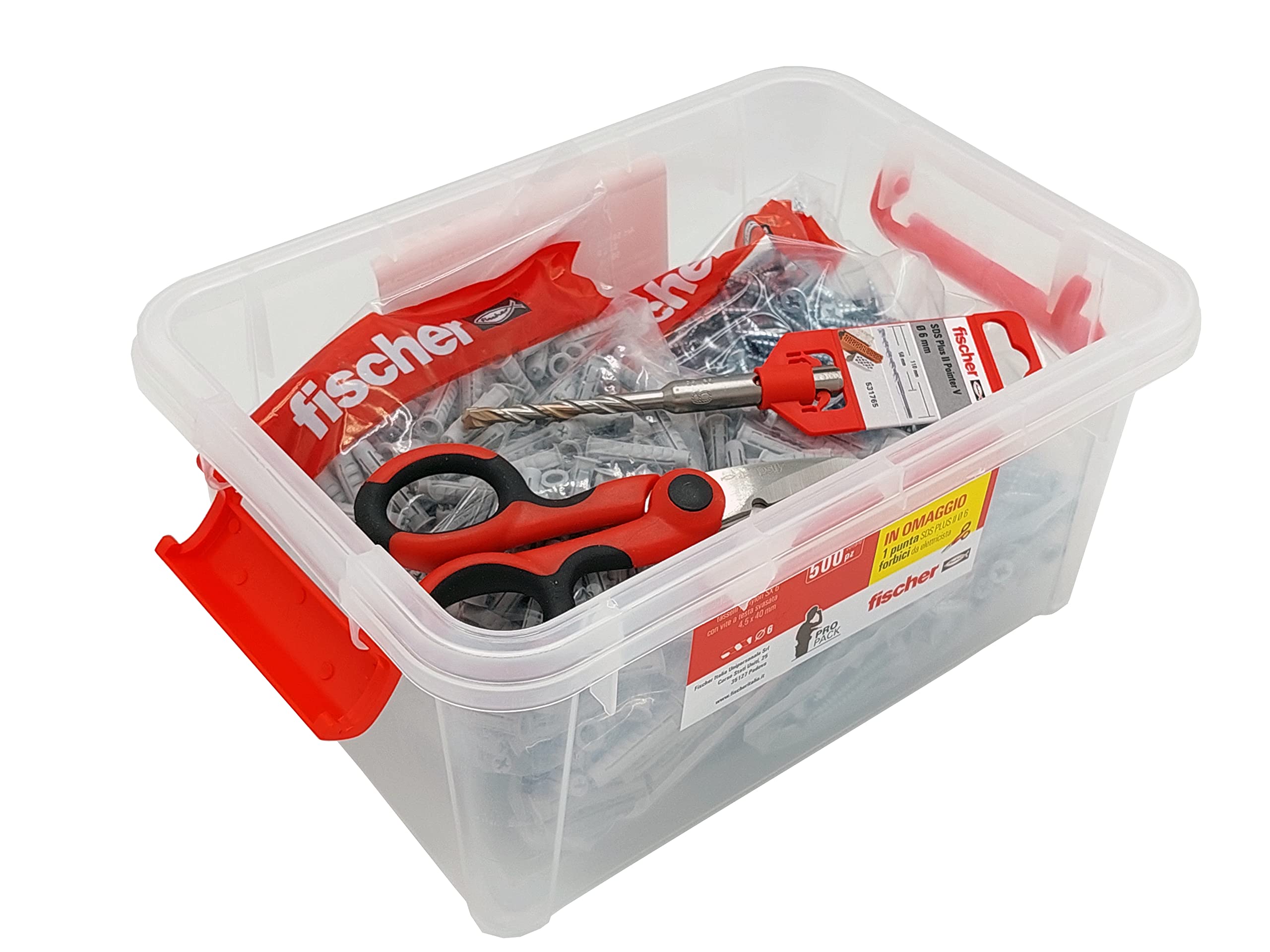 Fischer Vaschetta 500 Tasselli SX 6 mm con Vite + Forbici Ergonomiche + Punta Trapano SDS Plus, 541916