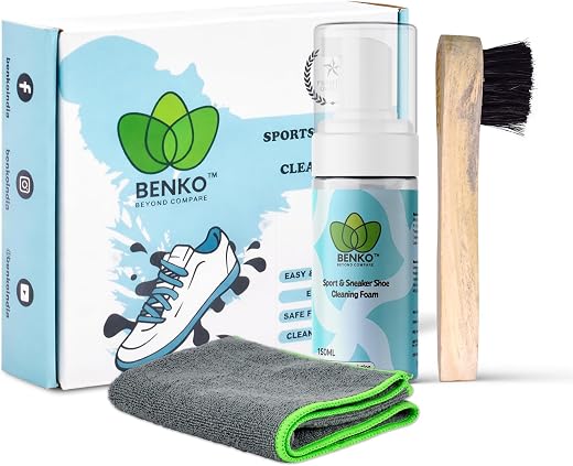 BENKO Sneaker Cleaning Kit | Shoe Cleaner Foam 150ml with Brush &amp; Microfiber Towel | White Shoe Cleaner for Sneakers, Spor...