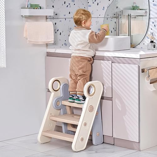 Miniatura 8 de VEVOR Taburete para niños pequeños, ajustable de 3 pasos a 2 escalones, taburete de cocina para niños, taburete plegable de plástico con asas para