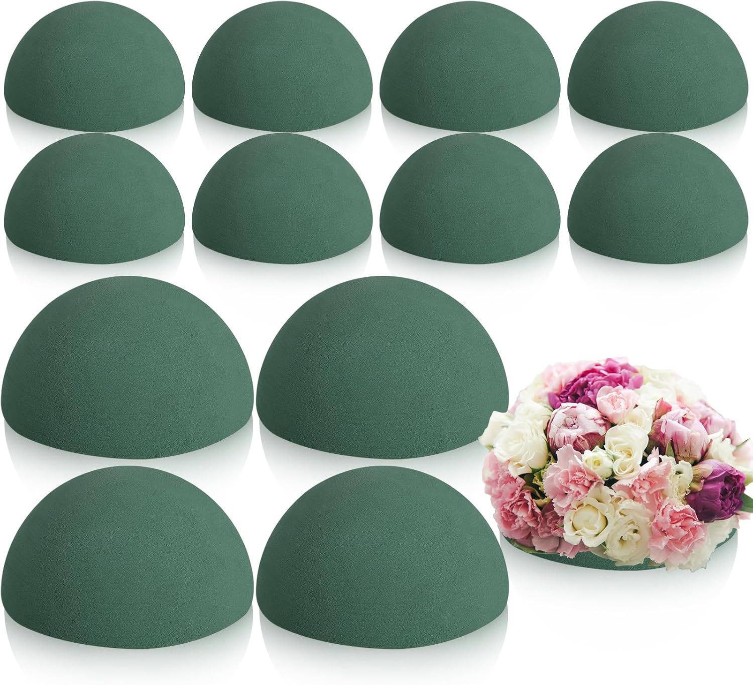 Ferrochef 12 Pack Large Half Ball Floral Foam Set Include 4 Pcs 7.5 x 3.75 in and 8 Pcs 5.5 x 2.75 in Green Dry Floral Flower Round Foam Block for Wedding Artificial Flower Plant Bouquet DIY Craft
