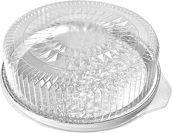 PACTOGO 12 Round Flat Aluminum Foil Cater Trays with Clear Dome Lids - Disposable Stackable Serving Platters for Parties, Holidays, Events, and Buffet (Pack of 5 Sets)