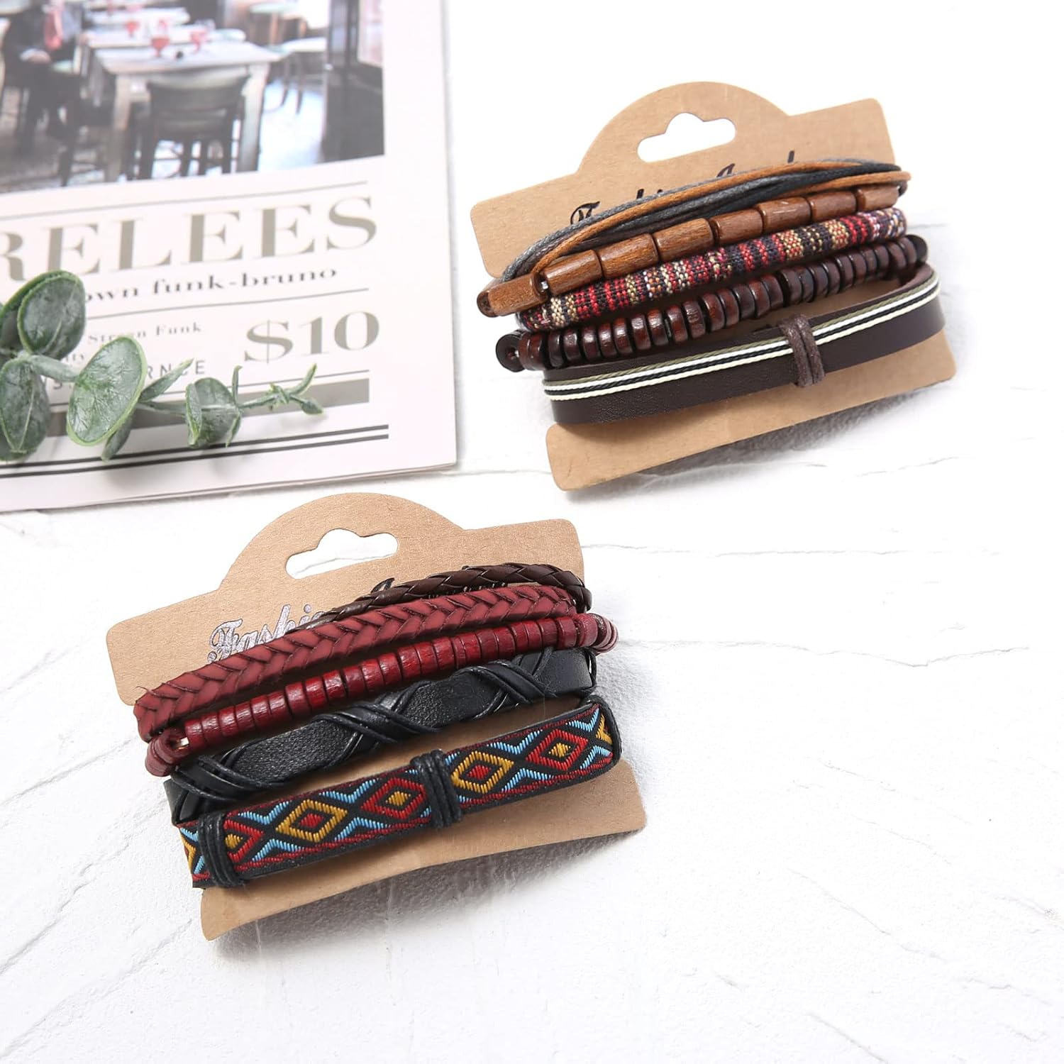 HZMAN Wrap Bracelets Men Women, Hemp Cords Wood Beads Ethnic Tribal Bracelets, Leather Wristbands