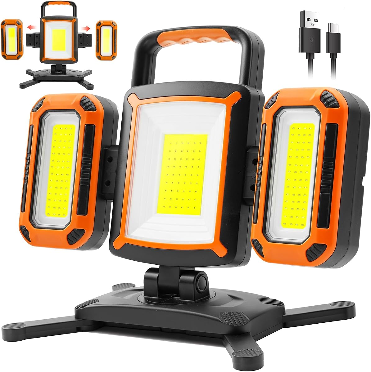Luz de trabajo recargable de 5000 lm, luz de trabajo portátil magnética de 50 W con 2 luces de inundación desmontables, 9 modos, luz de trabajo LED de rotación de 360° con ganchos para taller mecánico, garaje, camping