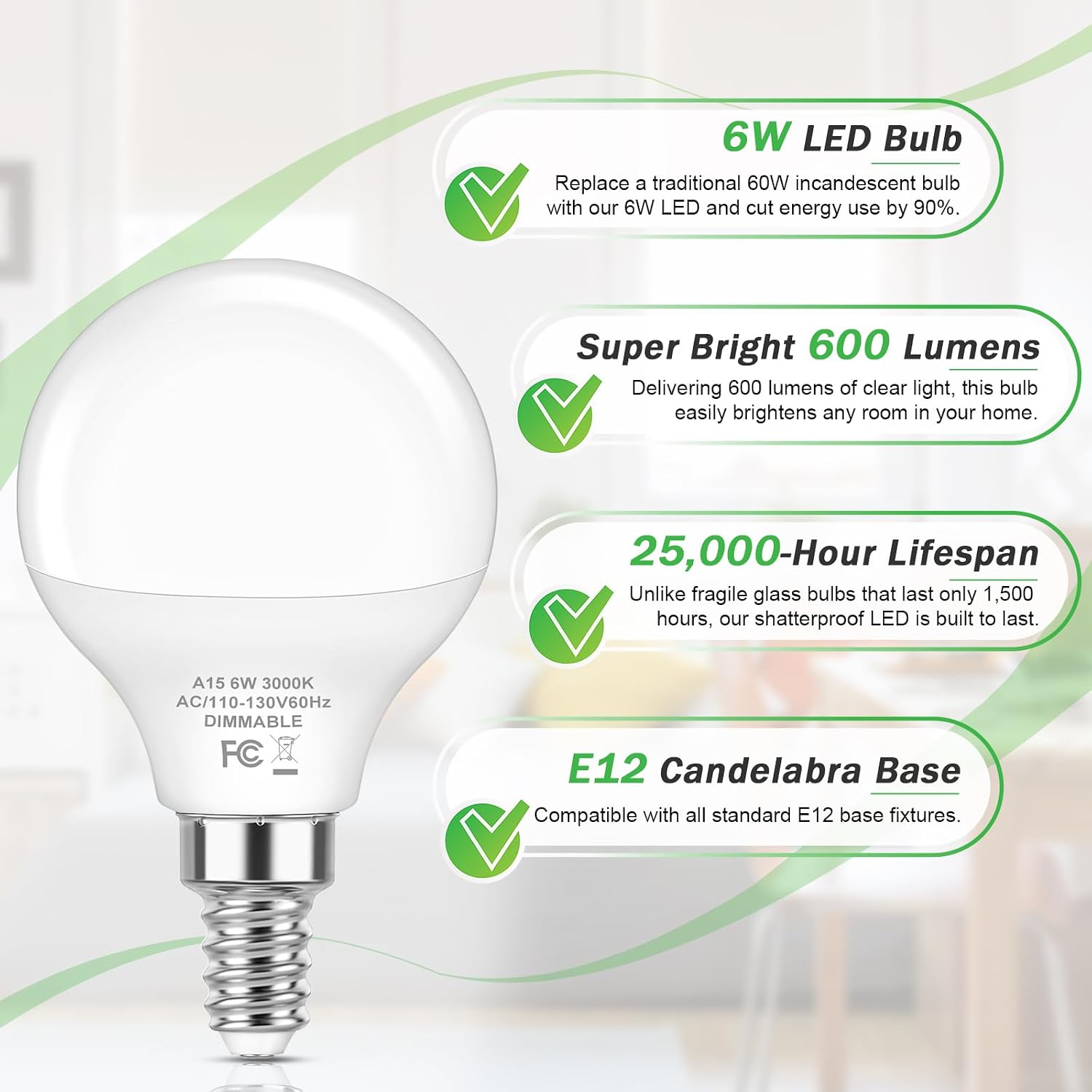 Brightever 6W A15 E12 LED Light Bulbs Dimmable, 60W Equivalent image 3