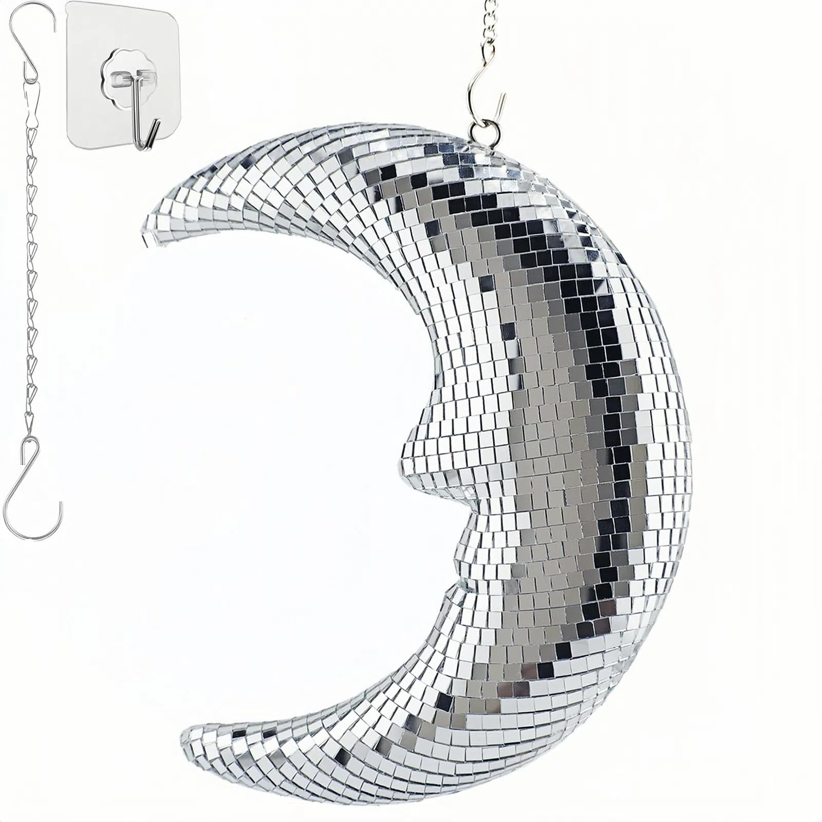 Yeehlmer Moon Shape Disco Decorative Hanging Ornaments Home Decor Vertical Chic Smile Moon Disco Ball Decor for Bedroom Living Room Apartment Office, Garden Decorative Wall Art with Hook