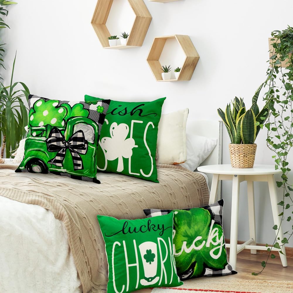 4pcs ST Patricks Day Pillow Covers 18 x 18 Inch Buffalo Plaid Green Lucky Pillow Cases for St Patricks Day Decor Shamrocks Throw Pillow Covers for Couch Sofa Home - Image 5