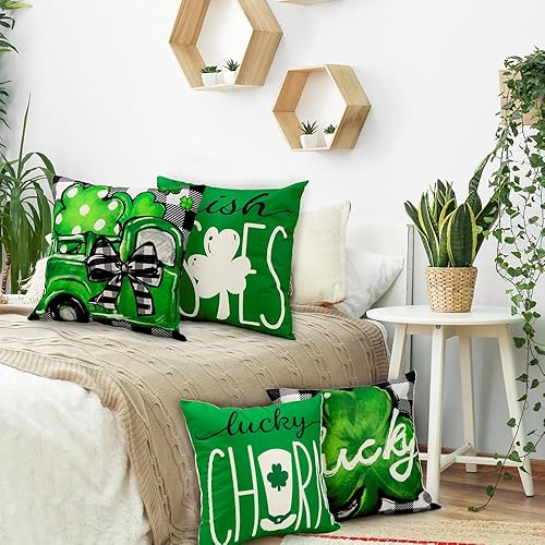 Miniatura 5 de DULEFUN 4 fundas de almohada del Día de San Patricio de 18 x 18 pulgadas, fundas de almohada verdes a cuadros de la suerte para decoración del día