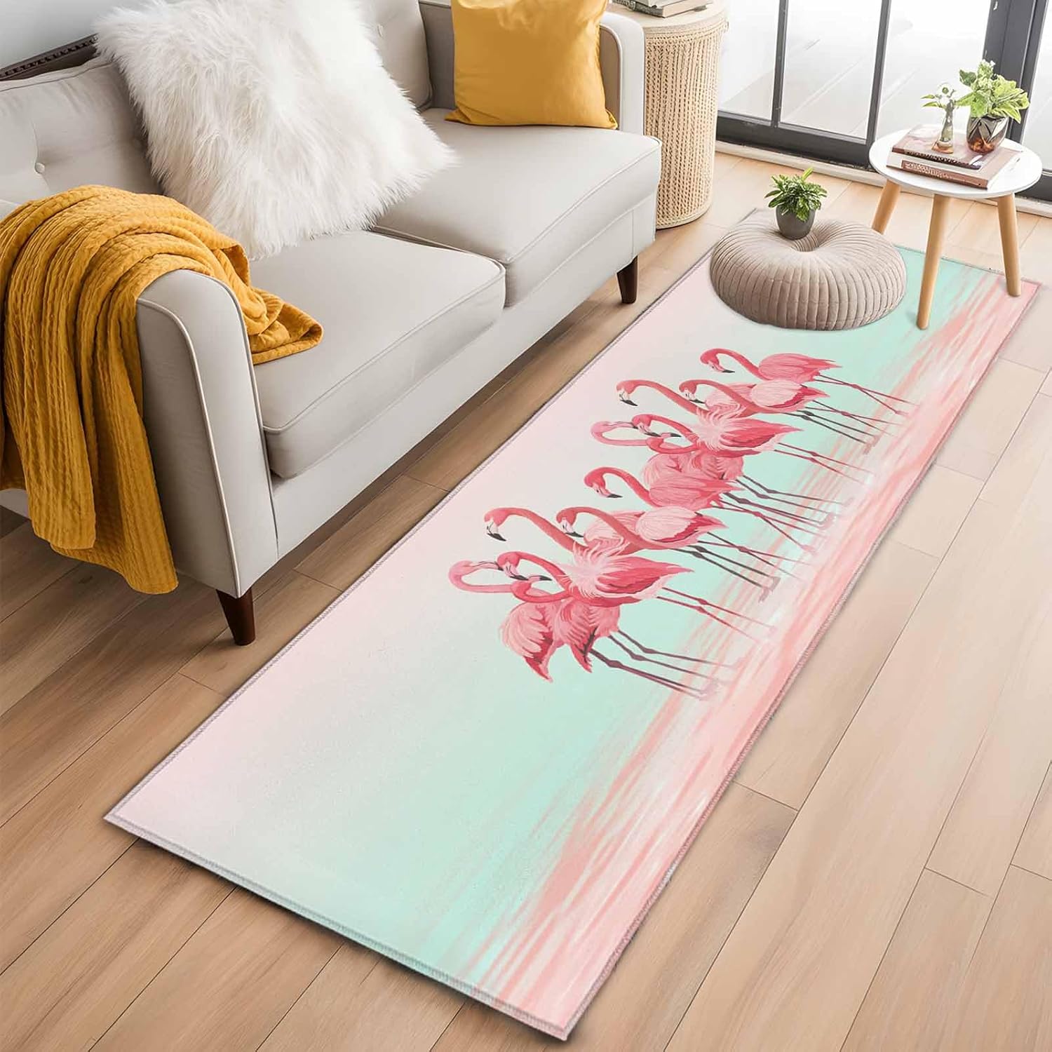 Hallway Runner Rug 2'x6', Pink Flamingo Long Non-slip Runner Rugs, Summer Tropical Flamingo Hawaii Animals Washable Outdoor Indoor Throw Floor Carpet Mat for Living Room/Bedroom/Kitchen/Office/Laundry