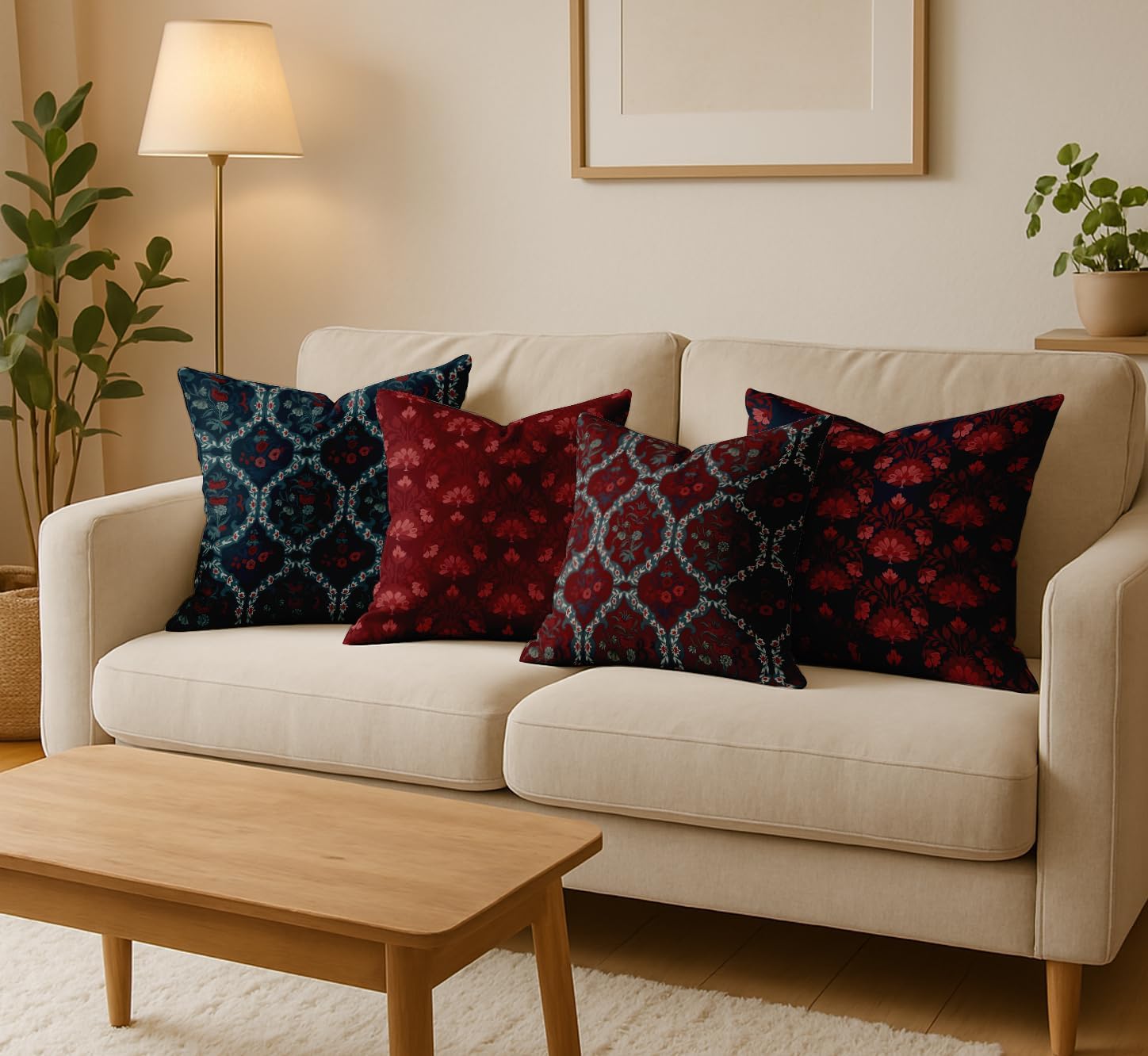 16x16 Inch Cushion Covers Set of 4 - Premium Cotton, Block Print, Reversible Printed Pillow Covers with Concealed Zipper - Maroon