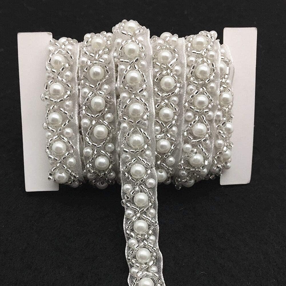 FQTANJU 3 Yards White Beaded Crystal Rhinestone Applique, Rhinetones Trim for Dress, Bridal Applique, Crystal Beaded Applique for Bridal Wedding, Party and Other Formal Occasions (1.5cm Wide)
