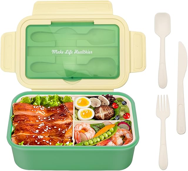 BIBURY Bento Box, 1400ml Leakproof Lunch Box for Adults and Kids, Food Container with 3 Compartments and Cutlery, Dishwasher/FDA Approved/BPA Free Meal Prep Containers Sandwich Box