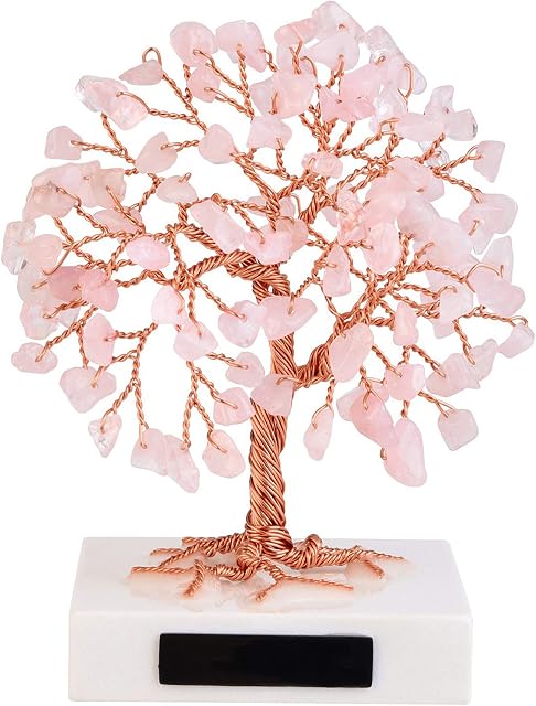 Jovivi Rose Quartz Crystal Money Tree Feng Shui Ornaments Mini Natural Pink Quartz Healing Gemstone Tree Bonsai Fortune Figurines White Marble Stone Base for Wealth Luck Living Room Home Decoration