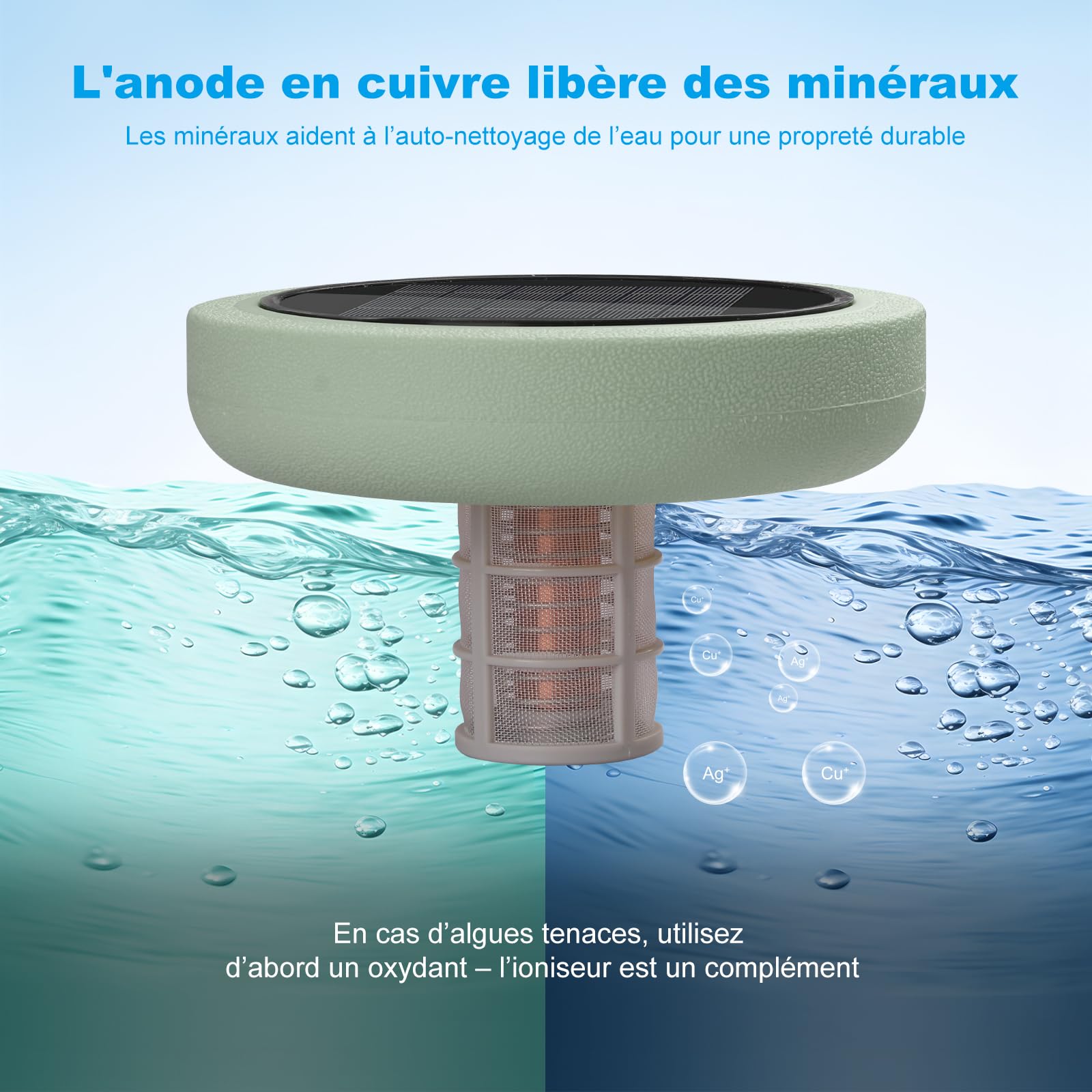 Ioniseur Solaire de Piscine, Nettoyeur D'ioniseur Purificateurde Piscine à Energie Solaire Clarificateur d'eau de Piscine Clarificateur de Piscine pour Jusqu'à 40000 Gal (Vert)