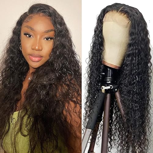 Meidisi Lace Front Wigs Human Hair Pre Plucked (22 Inch) 4X4 Water Wave Lace closure Wigs human hair for Black Women 150% Density Brazilian Virgin Wet and Wavy Human Hair Wigs with Baby Hair Natural Black Color