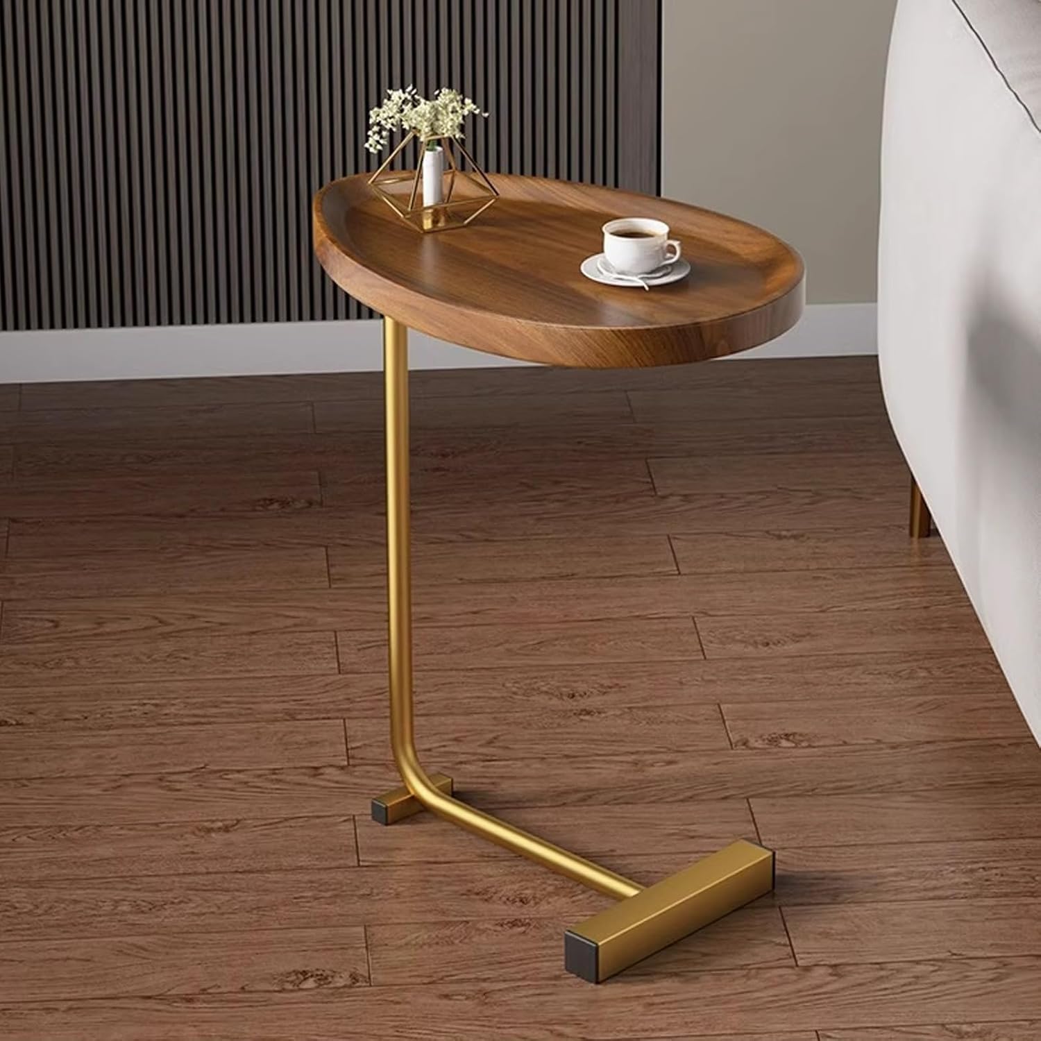 C Shaped End Side Table, Space Saving Sofa Table for Eating, Dinner or Laptop, Wooden Top with Gold Steel Frame, TV Tray Snack Table for Couch, Sofa, Bed, Chair, Accent Furniture for Living Room-picture-10