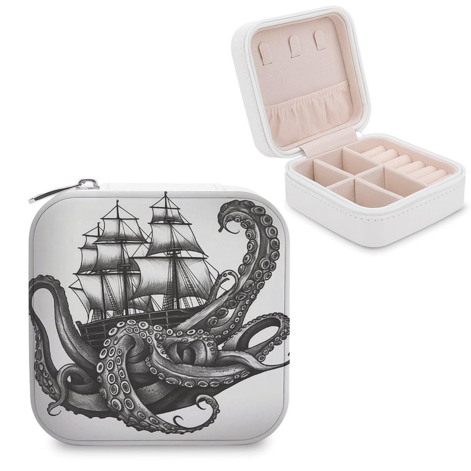 VstaDank Black And White Octopus And Ship Travel Jewelry Case Small Portable Jewellry Organizer Box PU Leather Organizer Boxes Personalized Jewellery Storage Holder Gift for Womens Rings Earrings
