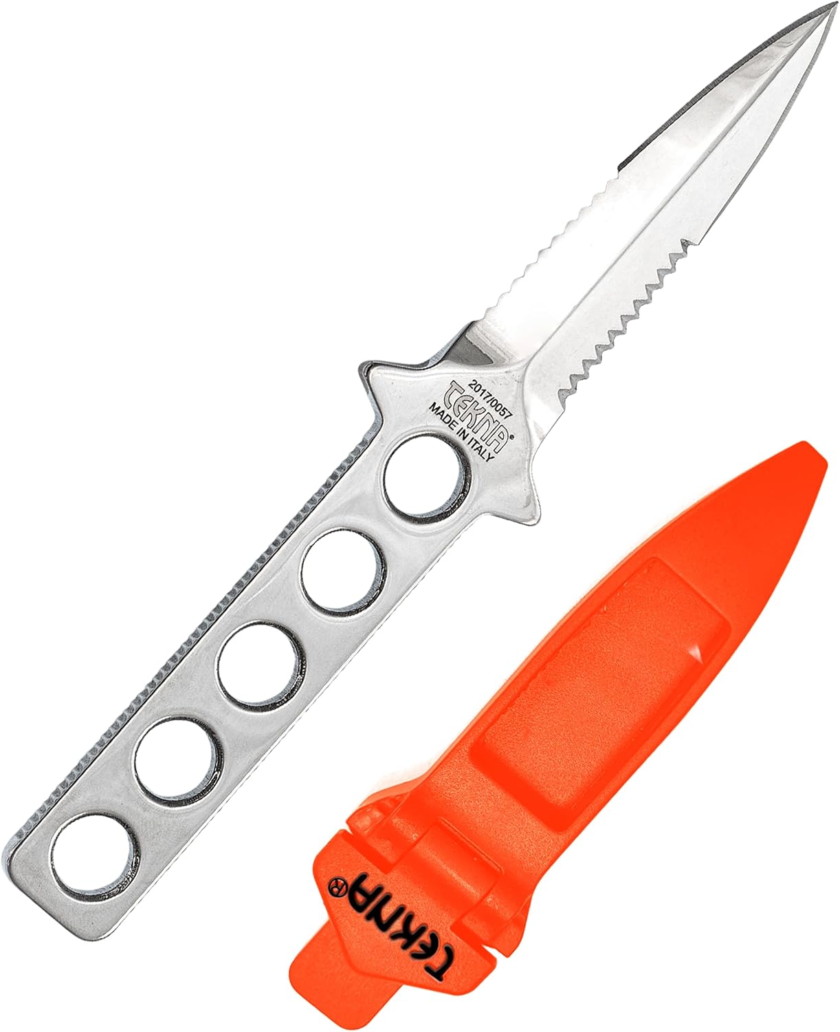 Tekna® Ocean Edge® Dive Knife – Point Tip Diving Knife for Divers – Essential Scuba Dive Gear with Quick Adjust Velcro Leg Straps and Sheath – Polished Stainless Steel with Orange Sheath
