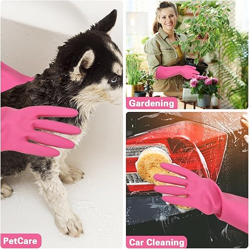 Miniatura 9 de Guantes de limpieza de goma de 15 pulgadas, impermeables, reutilizables, suministros para lavar platos, blanquear, par (rosa)