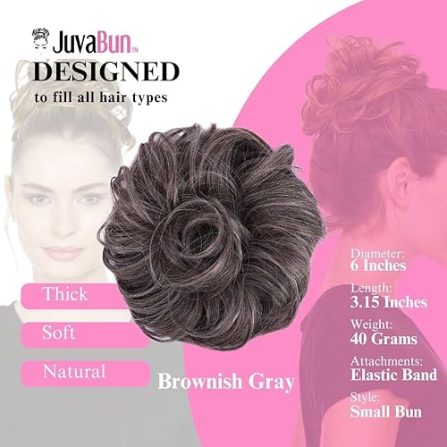 Miniatura 3 de Juvabun Messy Bun 2.0 Hair Piece - Gris marrón  Pieza de cabello sintético para mujer  Fácil de usar  Lavable y realista  16 tonos texturizados