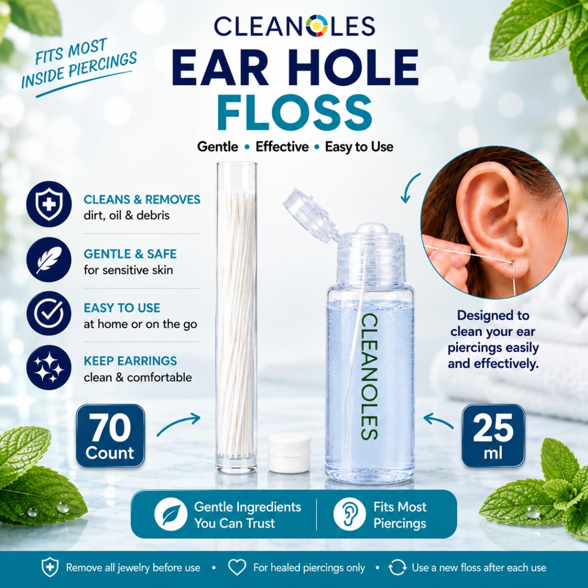 Cleanoles Kit de 70 fils dentaires de qualité spa avec solution de nettoyage de 25 ml, outil de nettoyage portable pour l'élimination des odeurs.