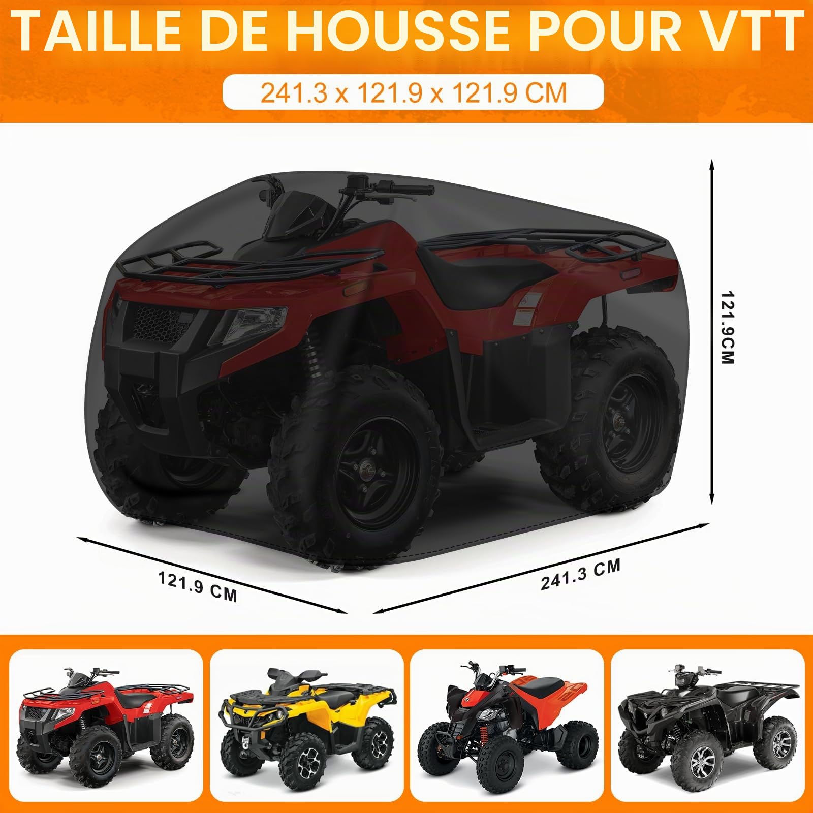 Zettum Bâche de protection pour quad, 241 cm, 600D, en polyuréthane, résistante et imperméable, pour l'extérieur, convient pour Polaris, Honda, Yamaha (241 x 121 x 121 x 121 cm)