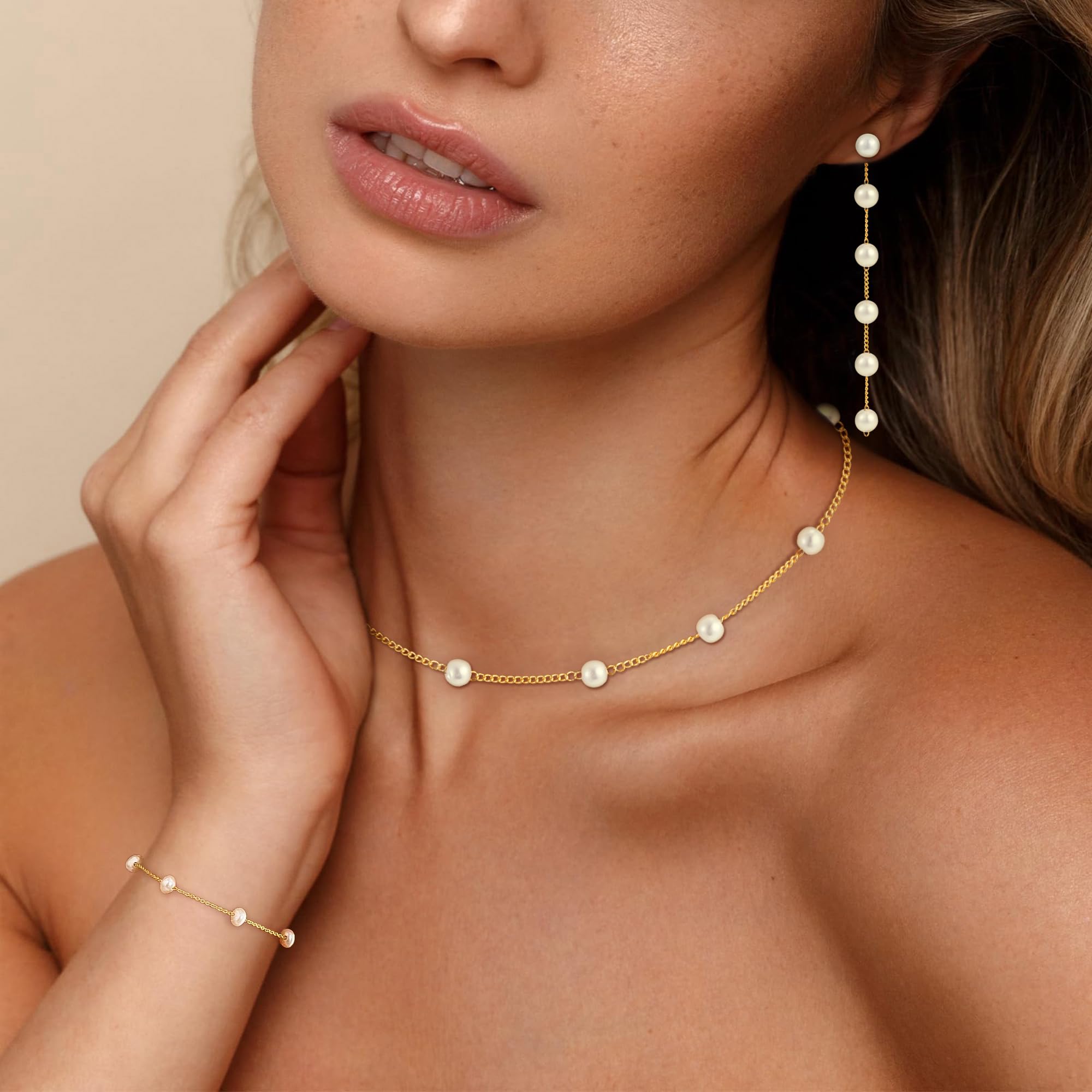 Pearl Necklaces for Women, 18K Gold/Silver Plated Layered Pearl Necklace Dainty Pearls Choker Necklace and Earring Set Wedding Prom Gold Jewelry for Women Christmas Teen Gifts Trendy Stuff