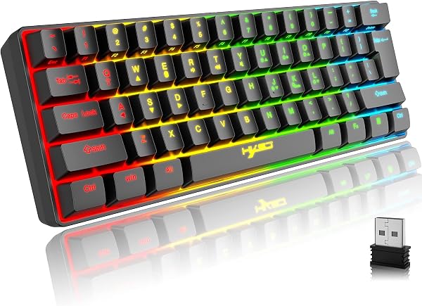 Teclado Gaming Inalambrico, 61 Teclas Bluetooth 5.0 + 2.4G Modo Dual Teclado Ergonómico Compacto Silencioso 60% Retroiluminado Arcoíris con Batería Recargable para Windows Mac PC PS4 Gamer, Negro