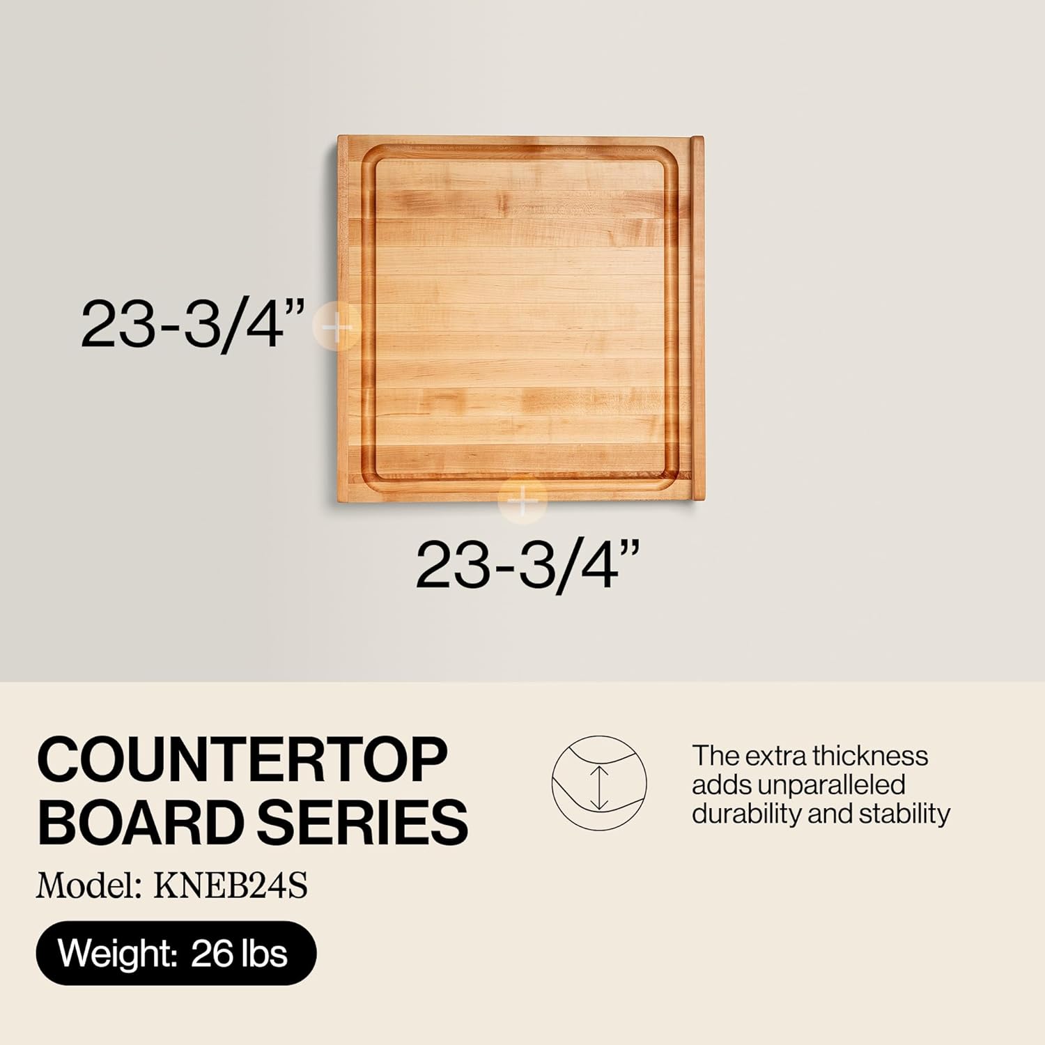 John Boos Countertop Series Rectangular Wooden Maple Cutting Board 23.75”x23.75” – 1.25” Thick, 26-lb Reversible Butcher Block with Juice Groove, Counter Lip & Edge-Grain – Made in the USA