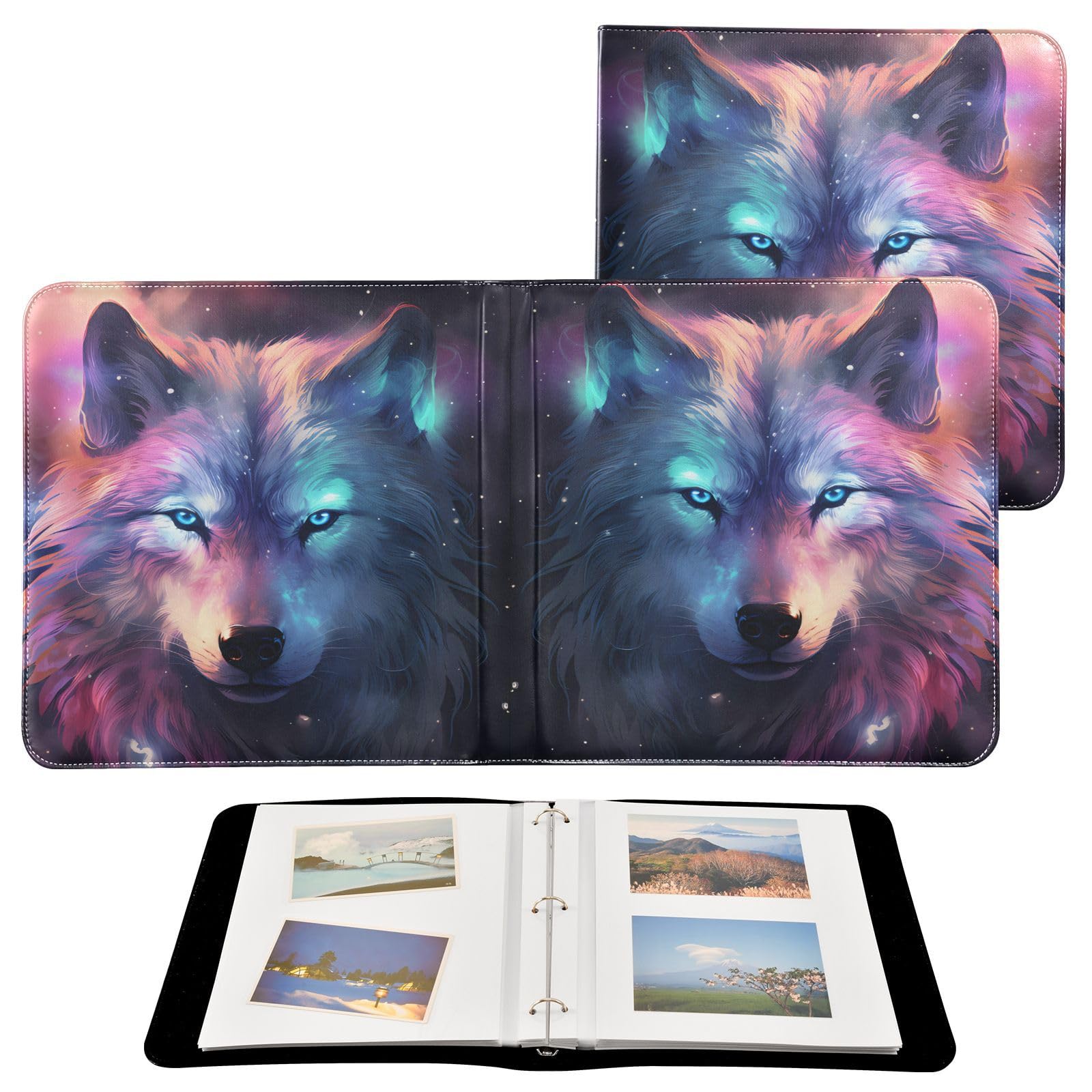 JIPONI Colorful Srarry Wolf Large Photo Album, DIY Leather Cover Scrapbook Albums for 4x6 5x7 6x8 Pictures, Self Adhesive Memory Book for Wedding, Baby, Family
