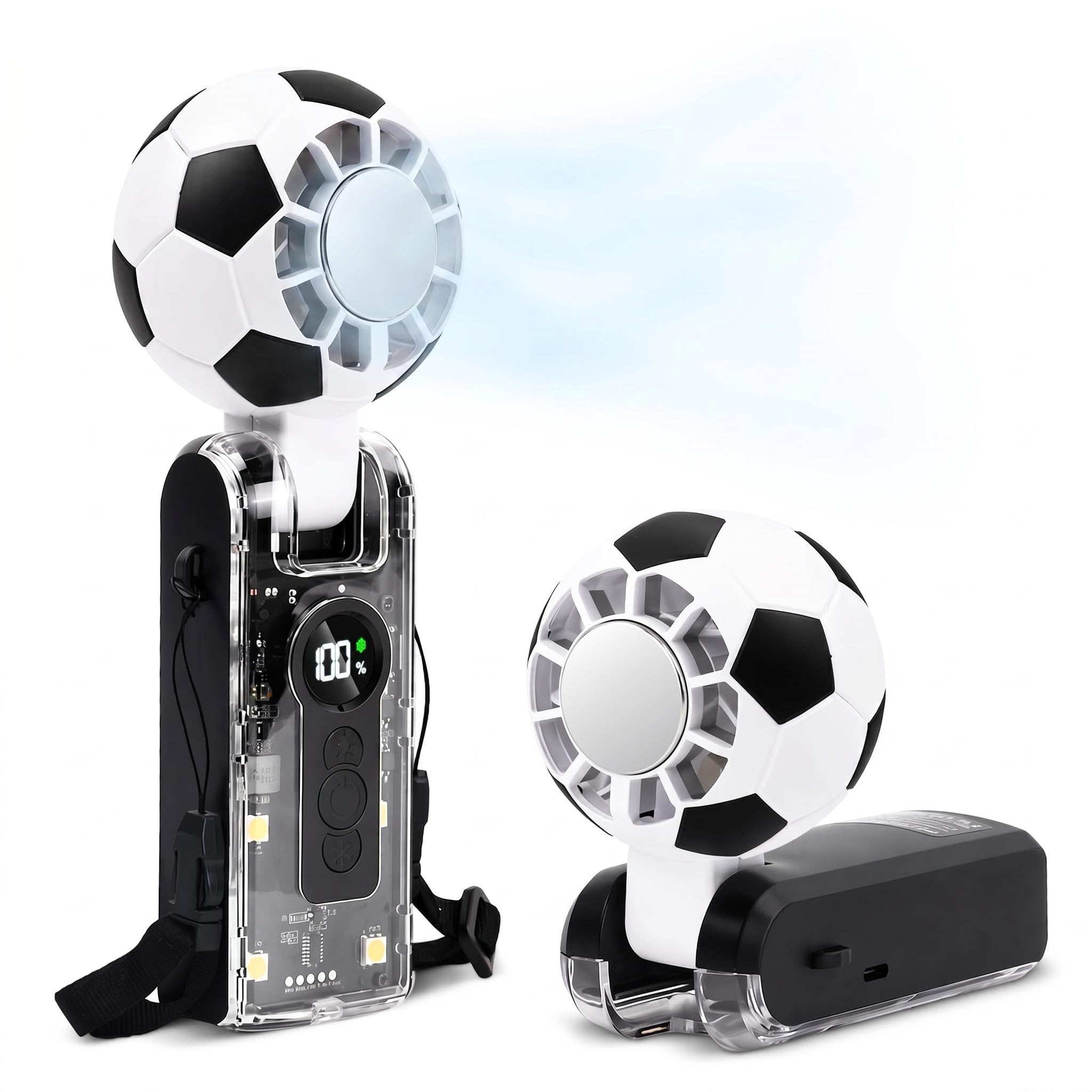 Merzio Soccer-themed Handheld Fan, USB Rechargeable Portable Fan 3600 mAh, 3-Speed Handheld Fan with Power Display and LED Light, 180° Adjustable for Home, Office, and Outdoor Travel (black)