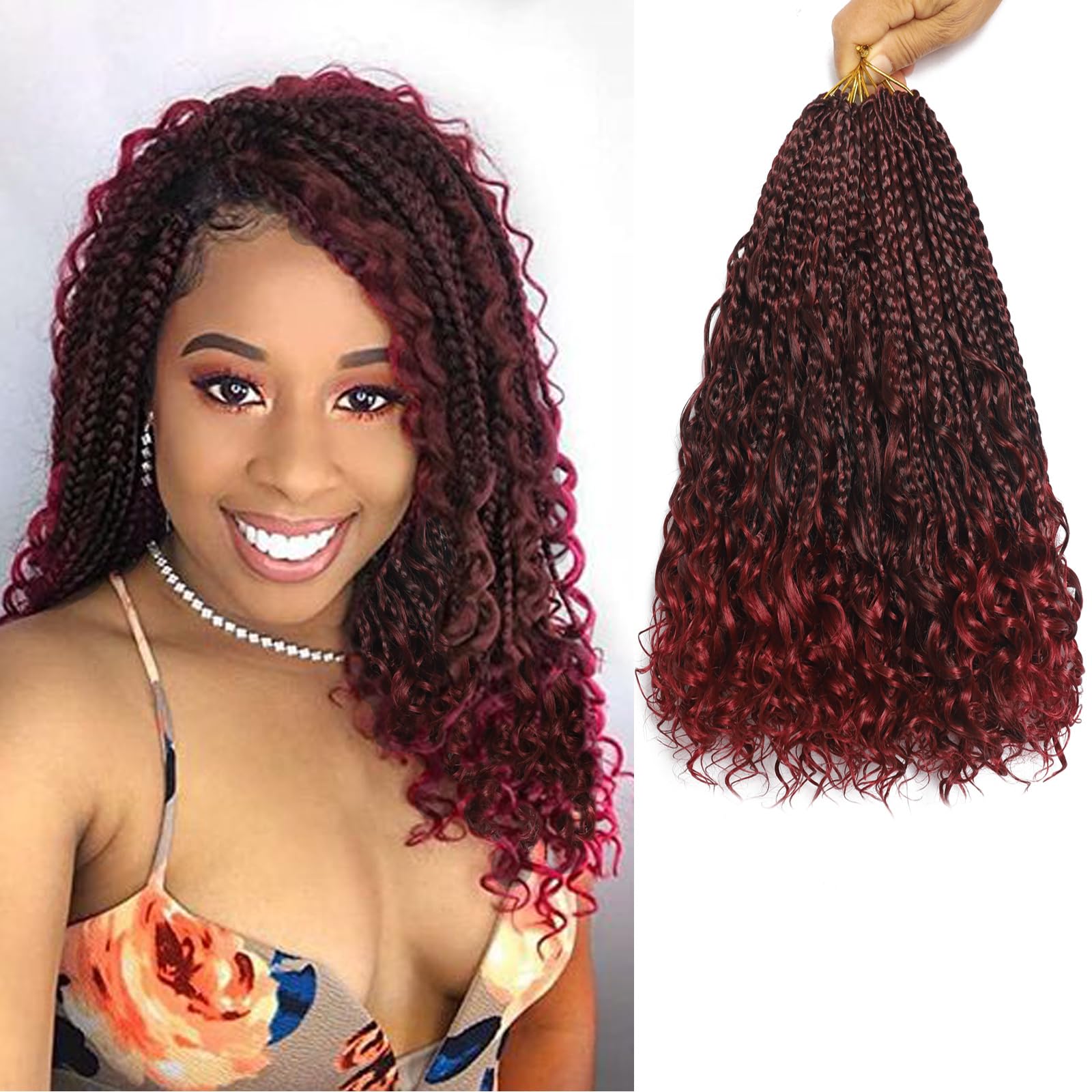 Flagship Burgundy 10 Inch 9 Packs Boho Crochet Braids with Curly Ends Crochet Hair for Black Women,Short Ombre Red Bohomian Curly Box Braids Crochet