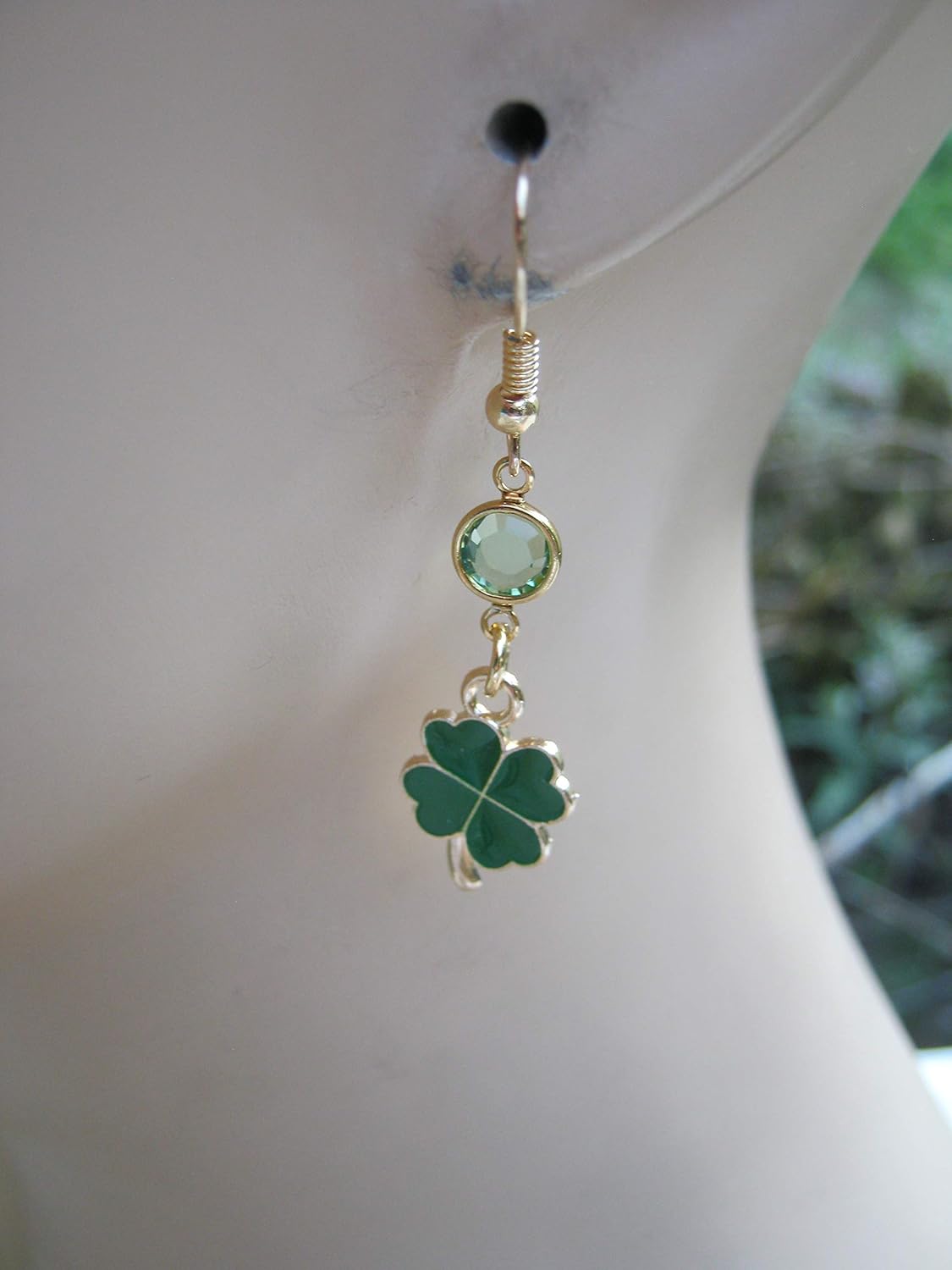 Enameled Shamrock Birthstone Earrings, Gold Tone Four Leaf Clover Earrings, Personalized St Patricks Day Jewelry, Green