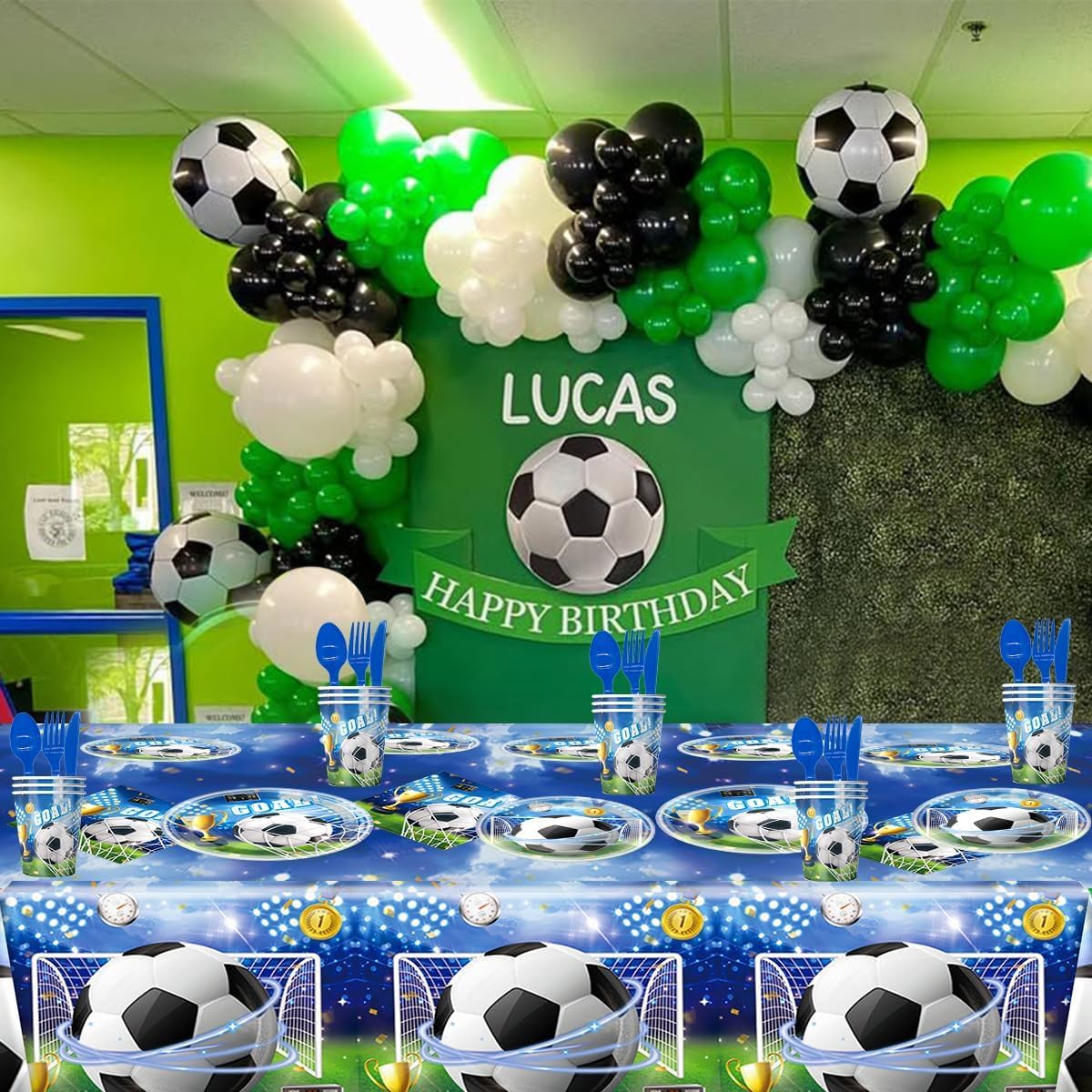Set di stoviglie per feste di calcio, compleanno, decorazioni per feste di calcio, calcio e feste di compleanno