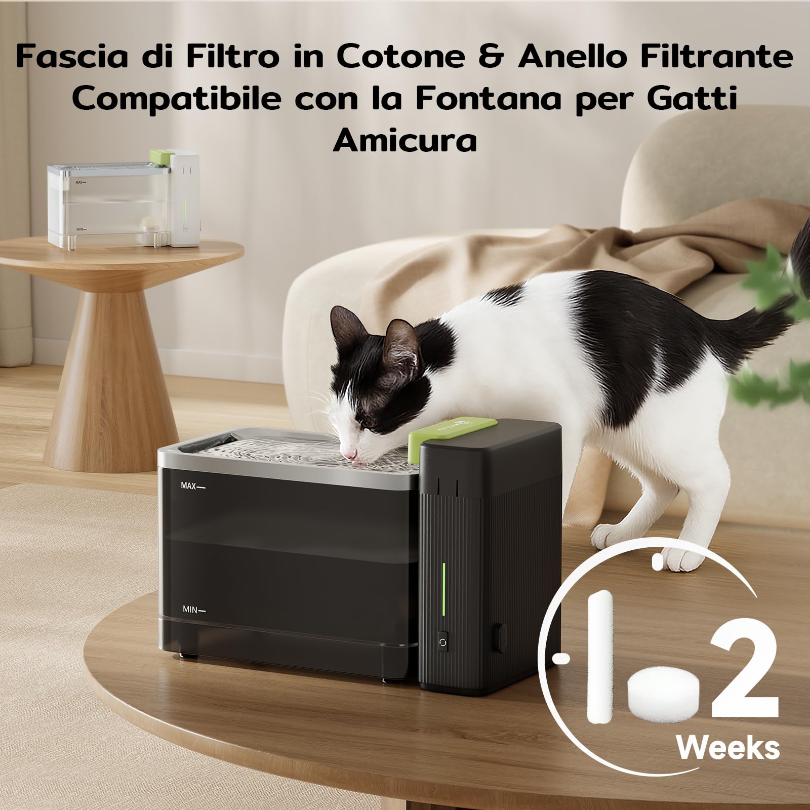 Amicura A3 Lite - Confezione da 6 filtri in tessuto non tessuto, filtro a doppio strato contro capelli e sporco, compatibile con fontane per gatti, colore: Nero/Bianco