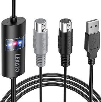 LEKATO USB MIDI Cable, MIDI USB Interface Input & Output Connectivity Piano Keyboard Synthesizer for Editing & Recording, Professional MIDI Cable Adapter with Windows/Mac for Studio - 6.5ft