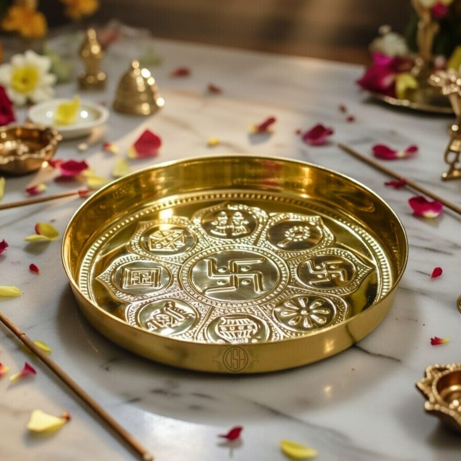 DSH Pure Brass Puja thali Plate With Embossed Design Best For Home Office MandirTemple Weddings Diwali Spiritual Gift Item.(PT-BR-SWASTIK-8K)-image-3