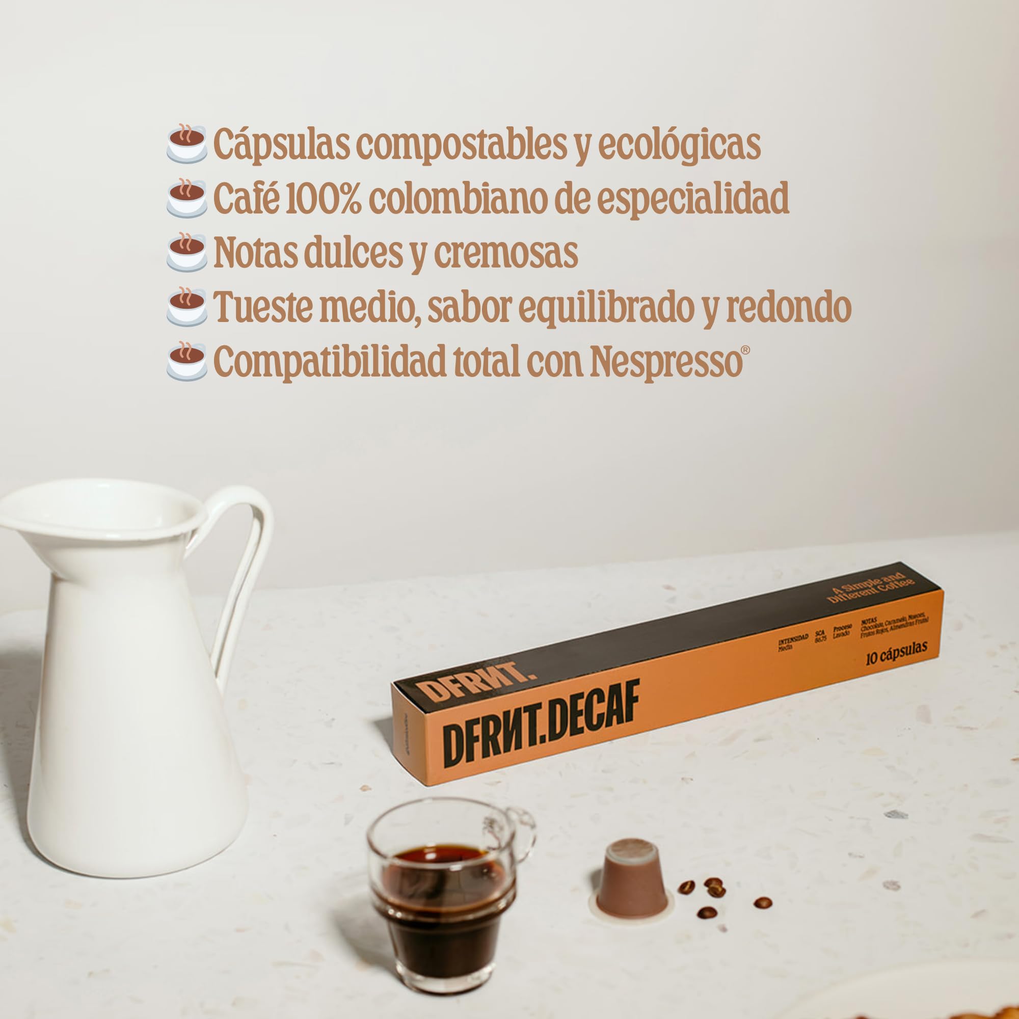 DFRNT - Cápsulas De Café Especialidad Descafeinado Colombia Compatibles con Nespresso Biodegradables - Notas Dulces Cremosas Espresso Tueste Medio Vegano