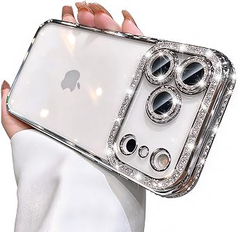 for iPhone 17 Pro Max Case, Cute Clear Glitter Bling Diamond Rhinestone Sparkly Case Camera Lens Protectors,Plating Protective Bumper Cover for Women Girls 6.9 2025, Silver