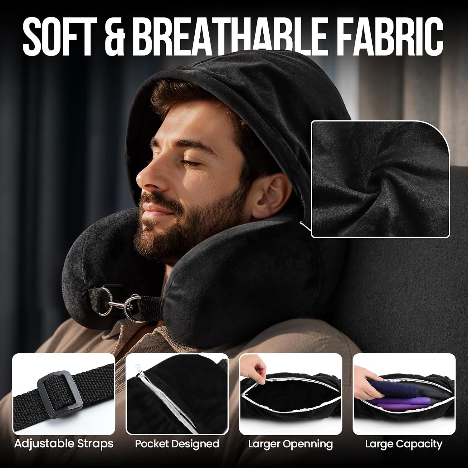Stuffable Neck Pillow for Travel with Hood (Black)