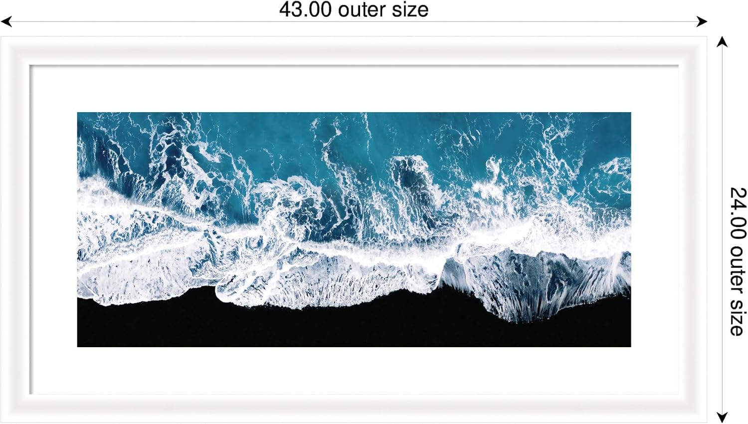 Kate and Laurel Framed Wall Art Print 'Minimalist Ocean Waves on the Black Beach in Iceland Panel' by Michael Schauer, 43 x 24, Oliver White Narrow Frame, Coastal, Beach, Landscapes, Nature Art for