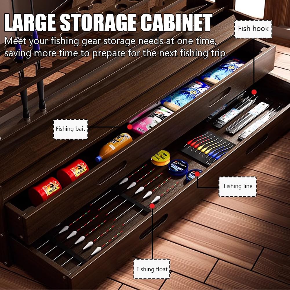 KK-GAL Dexule Fishing Gear Equipment Organizer, Large Capacity Fishing Rod Holders for Garage, Floorstanding Fishing Pole Rack, Solid Wood Fishing Rod Holder Holds Up To 50/59 Rods,M